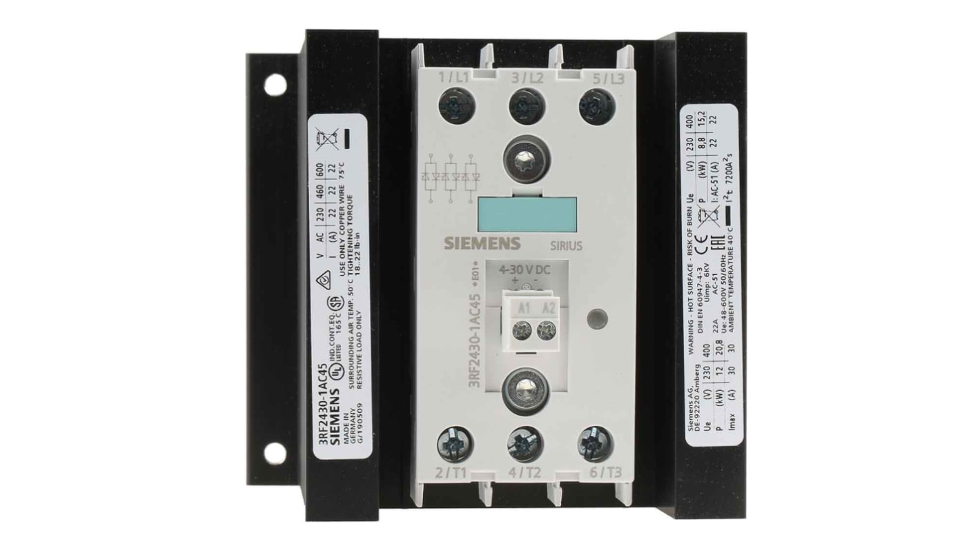 Siemens 3RF2 Series Solid State Relay, 30 A Load, DIN Rail Mount, 600 V Load, 30 V dc Control