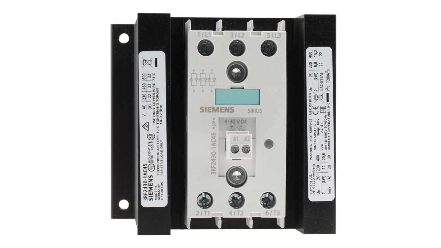 Siemens Solid State Relay, 30 A Load, DIN Rail Mount, 600 V Load, 30 V dc Control