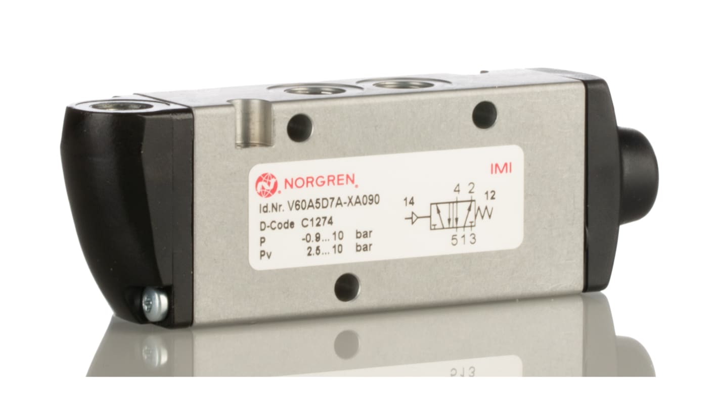 Norgren Pneumatiske solenoidventiler, serie V60, G 1/8, 5/2, Trykluft/fjeder, Inline, 750l/min
