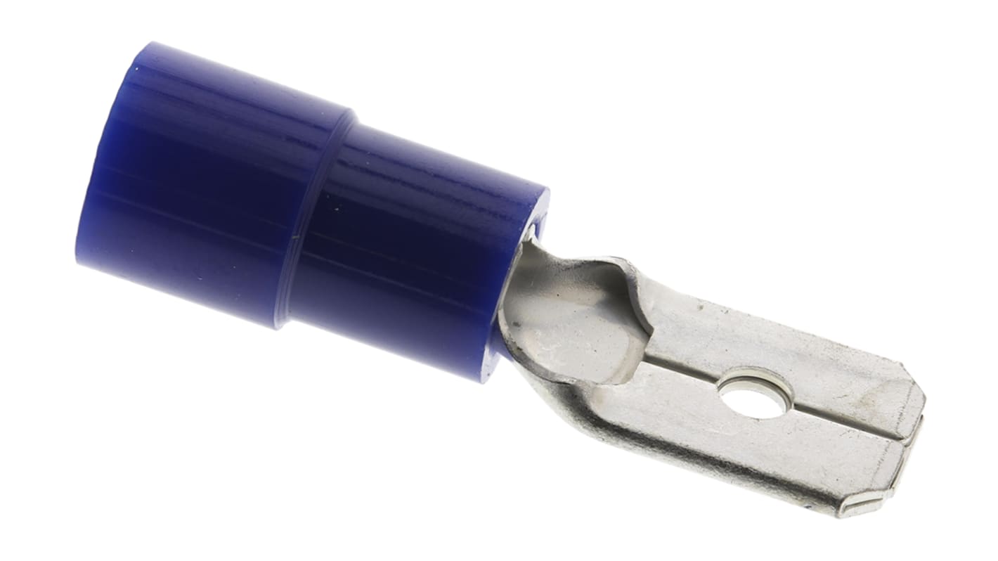 Terminal de lengüeta macho aislado de color Azul RS PRO de crimpar, 0.8 x 6.35mm, 1.5mm² → 2.5mm², long. 22mm, de Latón