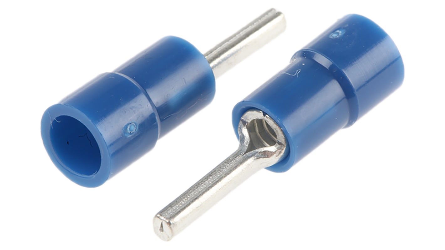 RS PRO Insulated, Tin Crimp Pin Connector, 1.5mm² to 2.5mm², 16AWG to 14AWG, 1.9mm Pin Diameter, 10mm Pin Length, Blue