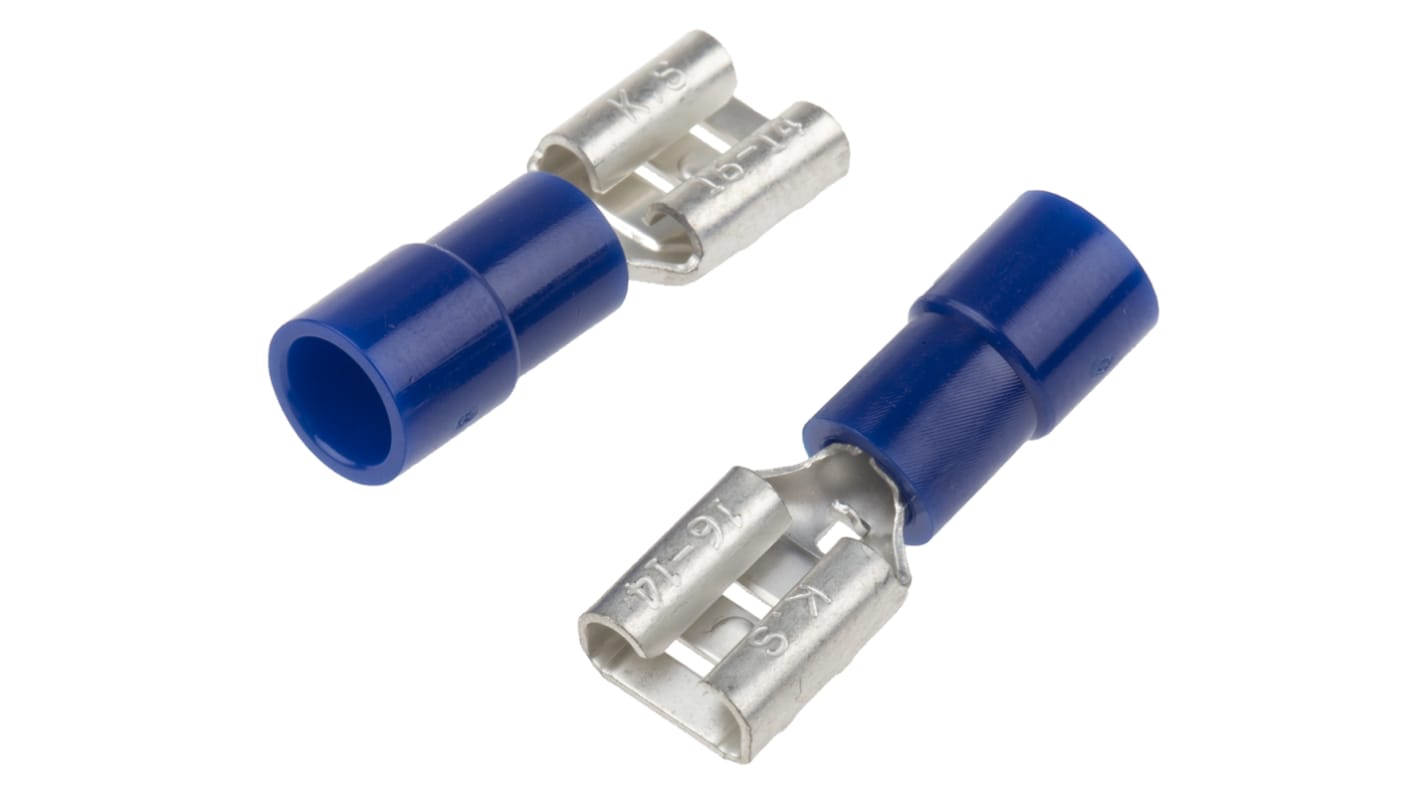 RS PRO Blue Insulated Female Spade Connector, Receptacle, 6.35 x 0.8mm Tab Size, 1.5mm² to 2.5mm²