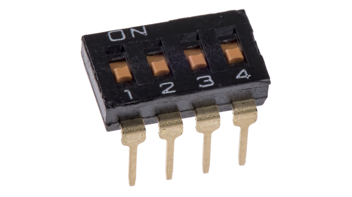 Interruttore DIP A6T-4102, 4PST, 25 mA a 24 V cc, 4 posizioni, attuatore a Slitta, Foro passante