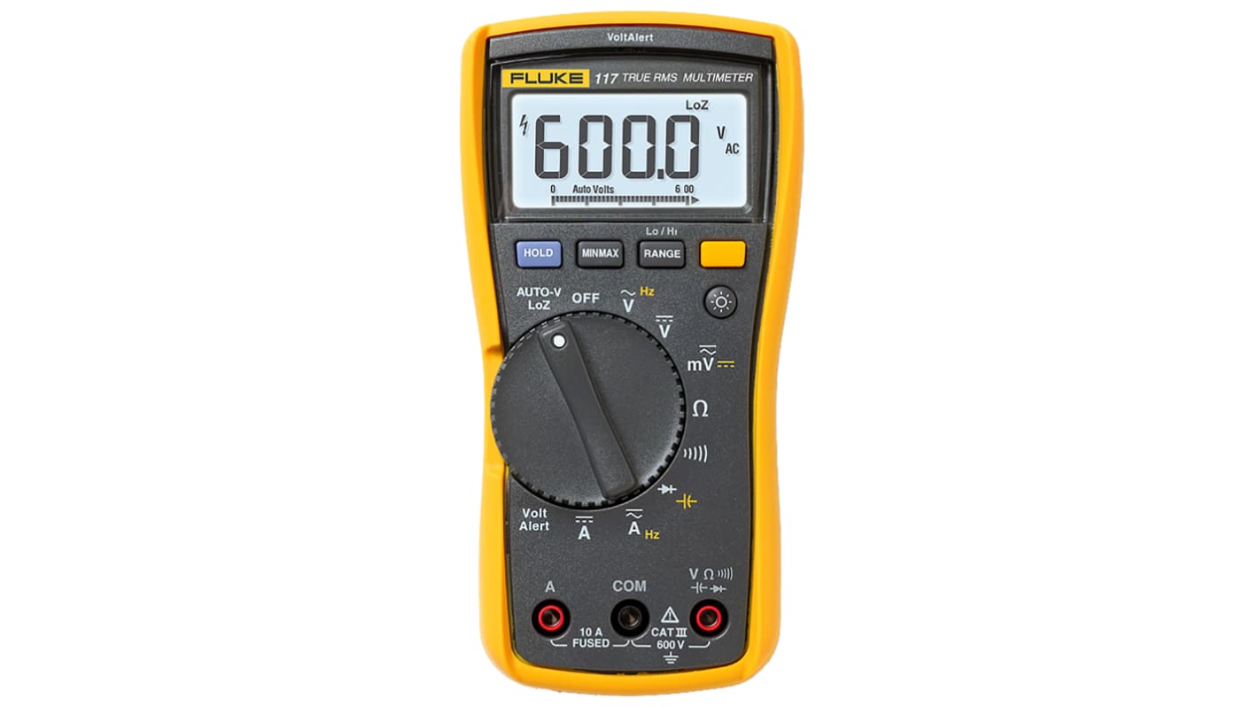 Fluke 117 Hand LCD Digital-Multimeter, CAT III 600V ac / 10A ac, 40MΩ, DKD/DAkkS-kalibriert