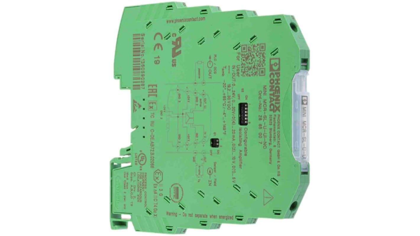 Phoenix Contact 隔离放大器, 0 → 30V电压输入, 0 → 10 V ， 0 → 20mA电流，电压输出, 24V 直流, DIN导轨安装