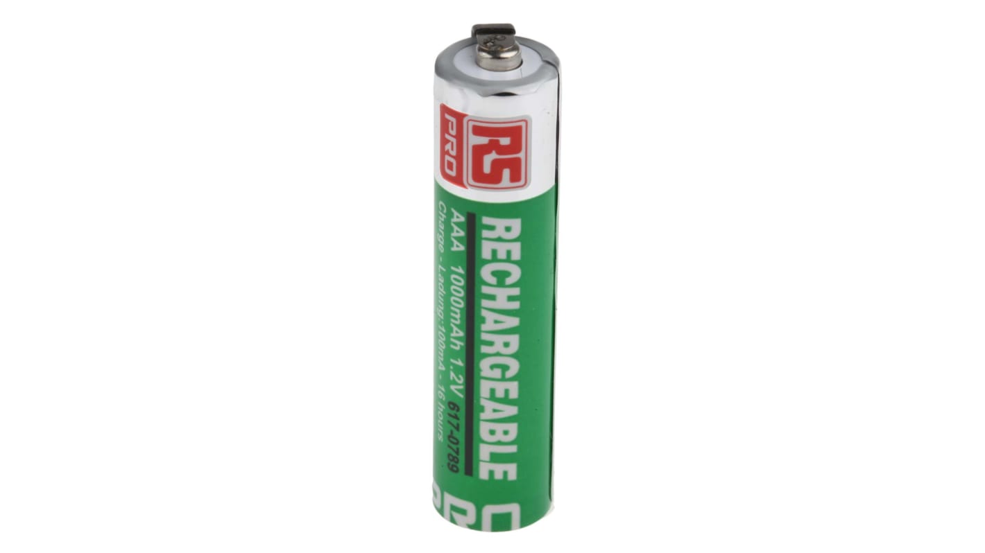 RS PRO AAA-Akku, NiMH, 1.2V, 1Ah, Lötfahnen-Anschluss, -10 → +60°C