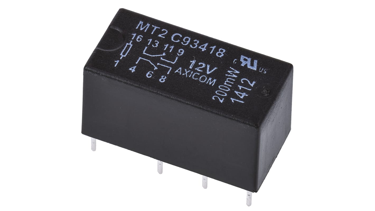 TE Connectivity PCB Mount Signal Relay, 12V dc Coil, 2A Switching Current, DPDT