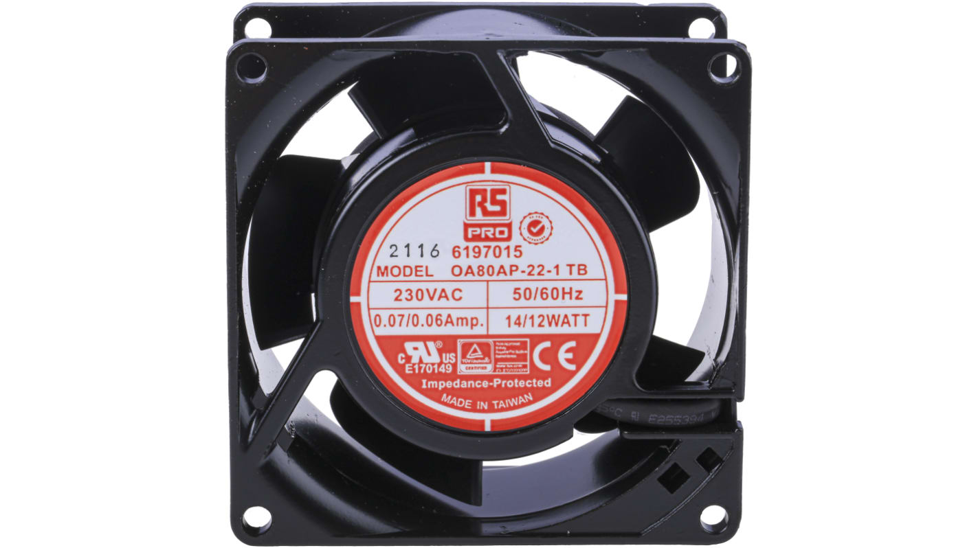 RS PRO Axial Fan, 230 V ac, AC Operation, 51m³/h, 12W, 60mA Max, 80 x 80 x 38mm