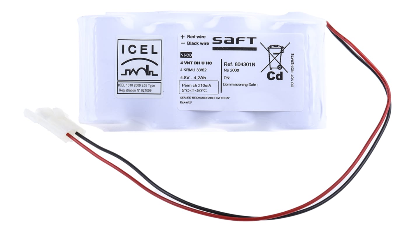 Saft 4.8V NiCd Rechargeable Battery Pack, 4Ah - Pack of 1