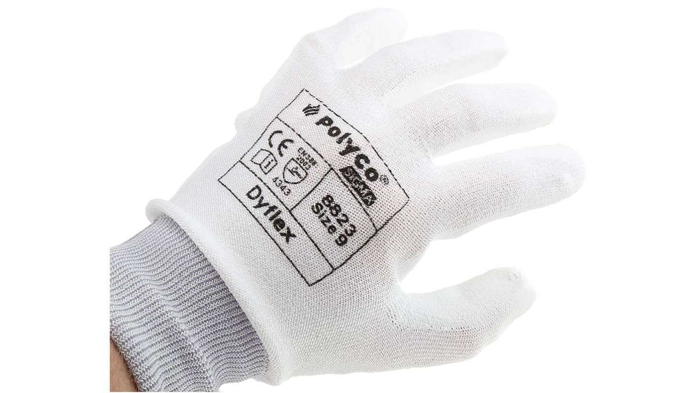 BM Polyco Dyflex White Dyneema Cut Resistant Work Gloves, Size 9, Polyurethane Coating