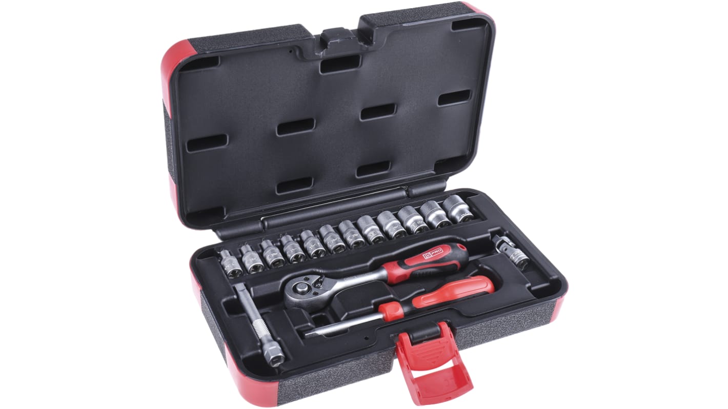 RS PRO 16-Piece Metric 1/4 in Standard Socket Set with Ratchet, 6 point