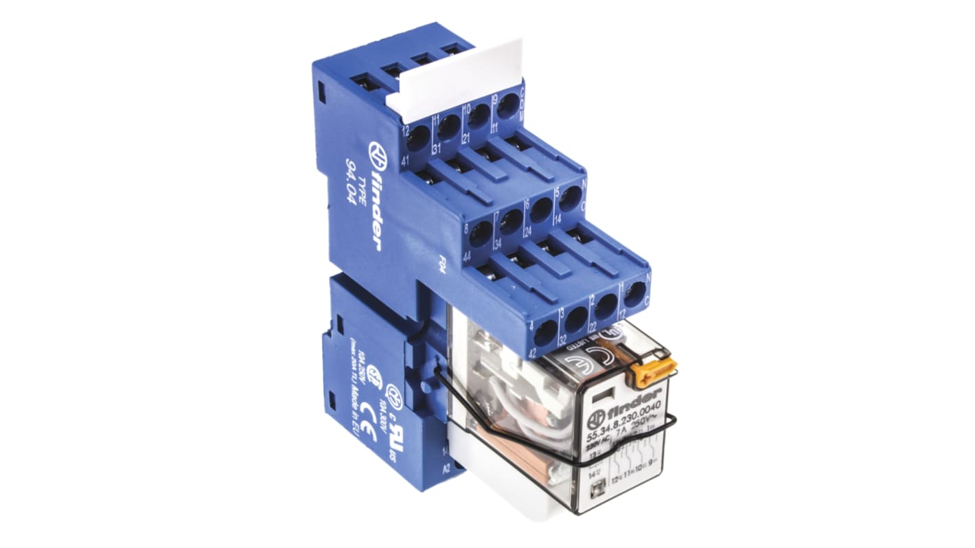 Finder 58 Series Interface Relay, DIN Rail Mount, 230V ac Coil, 4PDT, 4-Pole, 7A Load
