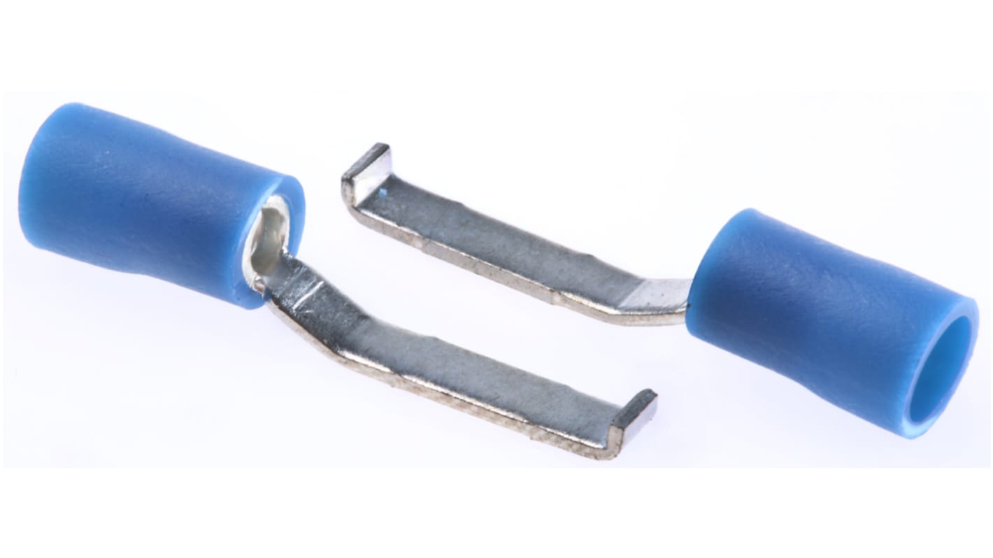 RS PRO Hooked Insulated Crimp Blade Terminal 16.8mm Blade Length, 1.5mm² to 2.5mm², 16AWG to 14AWG, Blue