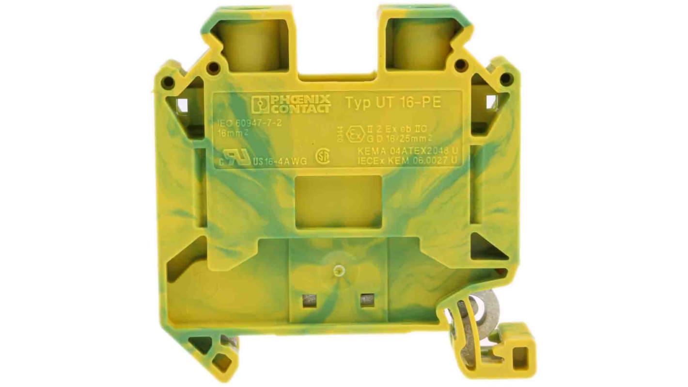 Phoenix Contact 3044212 UT 16-PE Series Green/Yellow, 1.5 → 25mm², Single-Level, Screw Termination, ATEX