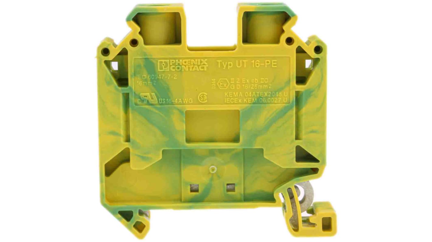 Phoenix Contact UT 16-PE Series Green/Yellow Earth Terminal Block, 1.5 → 25mm², Single-Level, Screw Termination,