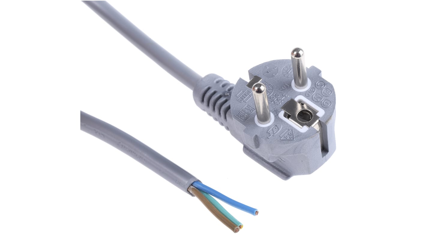 RS PRO Konfektioniertes Stromkabel, A CEE 7/7 / Stecker, B offenes Ende, 16 A, 2.5m Grau,  250 V