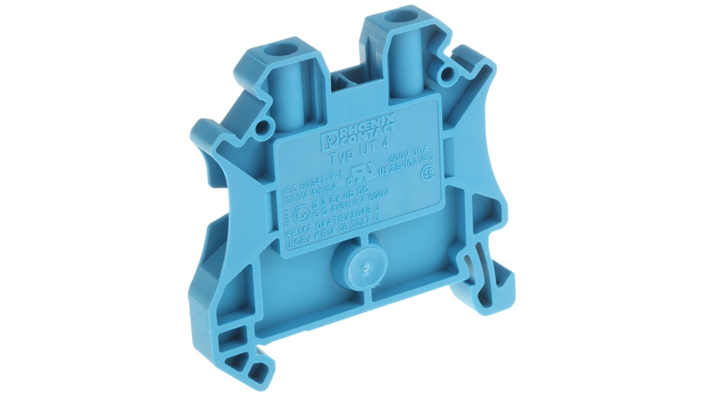 Phoenix Contact 3044115 UT 4 BU Series Blue, 0.14 → 4mm², Single-Level, Screw Termination, ATEX