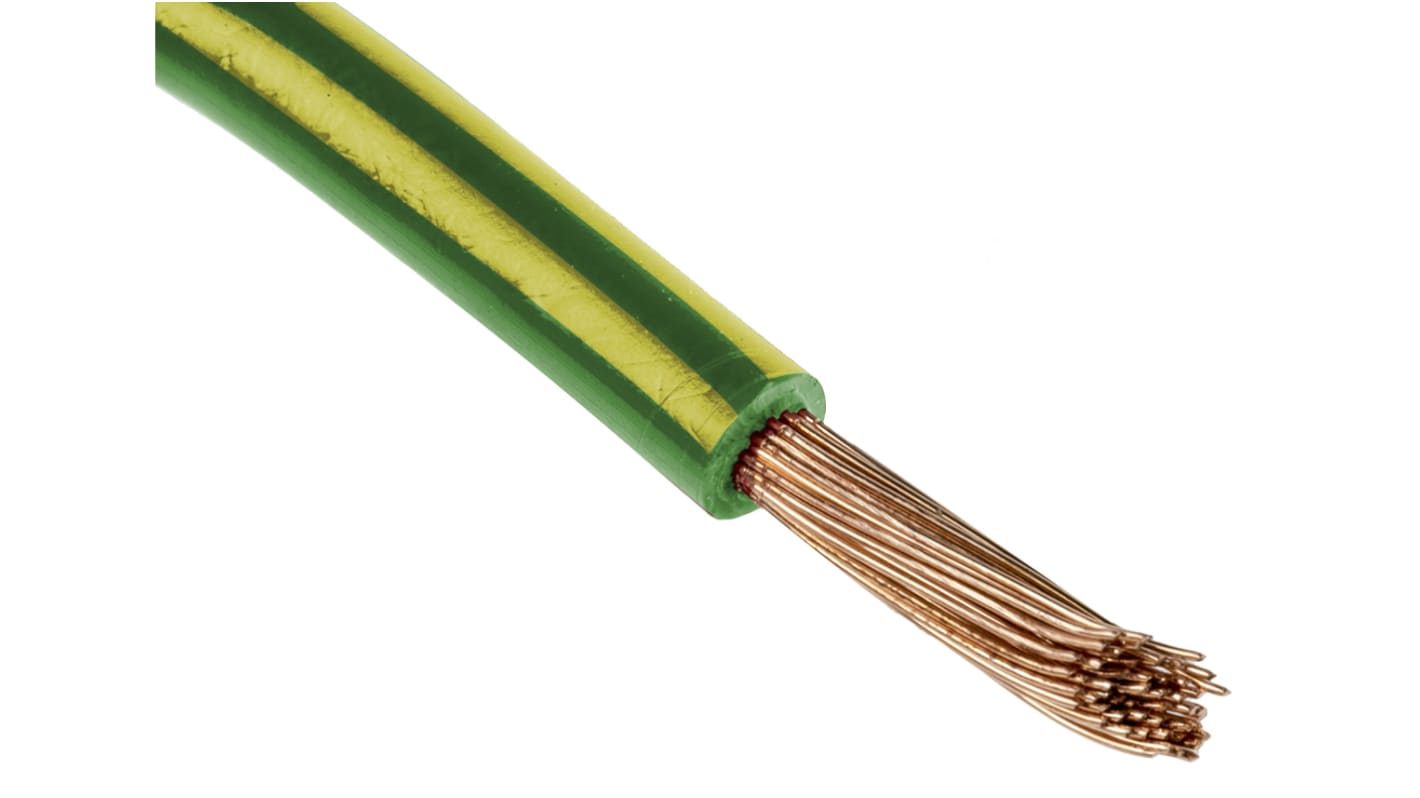 RS PRO Green/Yellow 10 mm² Hook Up Wire, 8 AWG, 72/0.4 mm, 100m, PVC Insulation