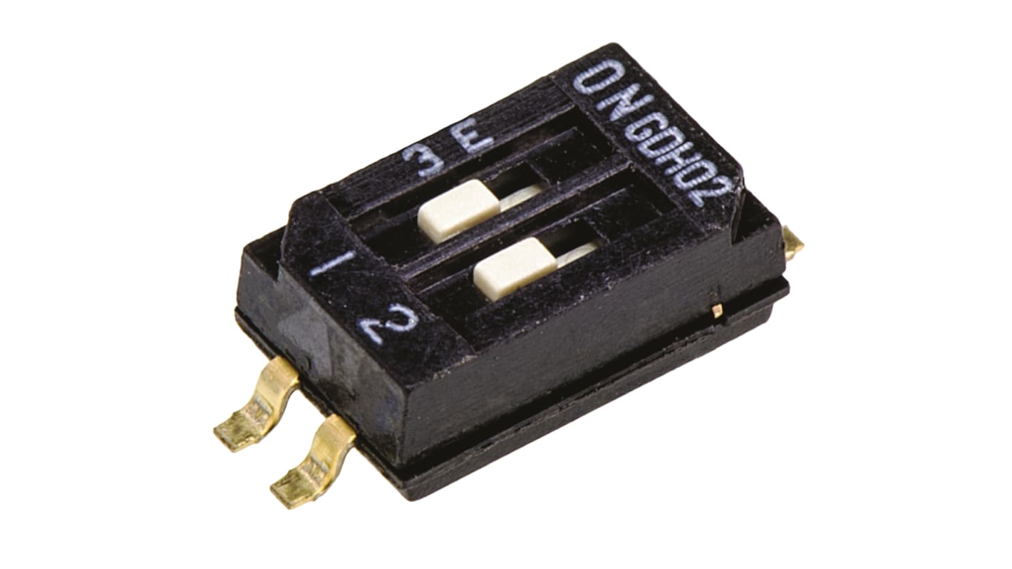 Interruptor DIP, DPST, Montaje superficial, Actuador Deslizante, 25 mA a 24 V dc, 2 vías, -30 → +85°C