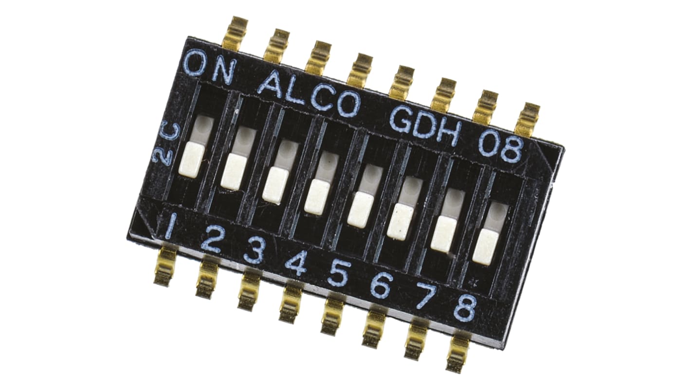 Interruttore DIP GDH08S04, 8P, 25 mA a 24 V cc, 8 posizioni, attuatore a Slitta, Montaggio superficiale