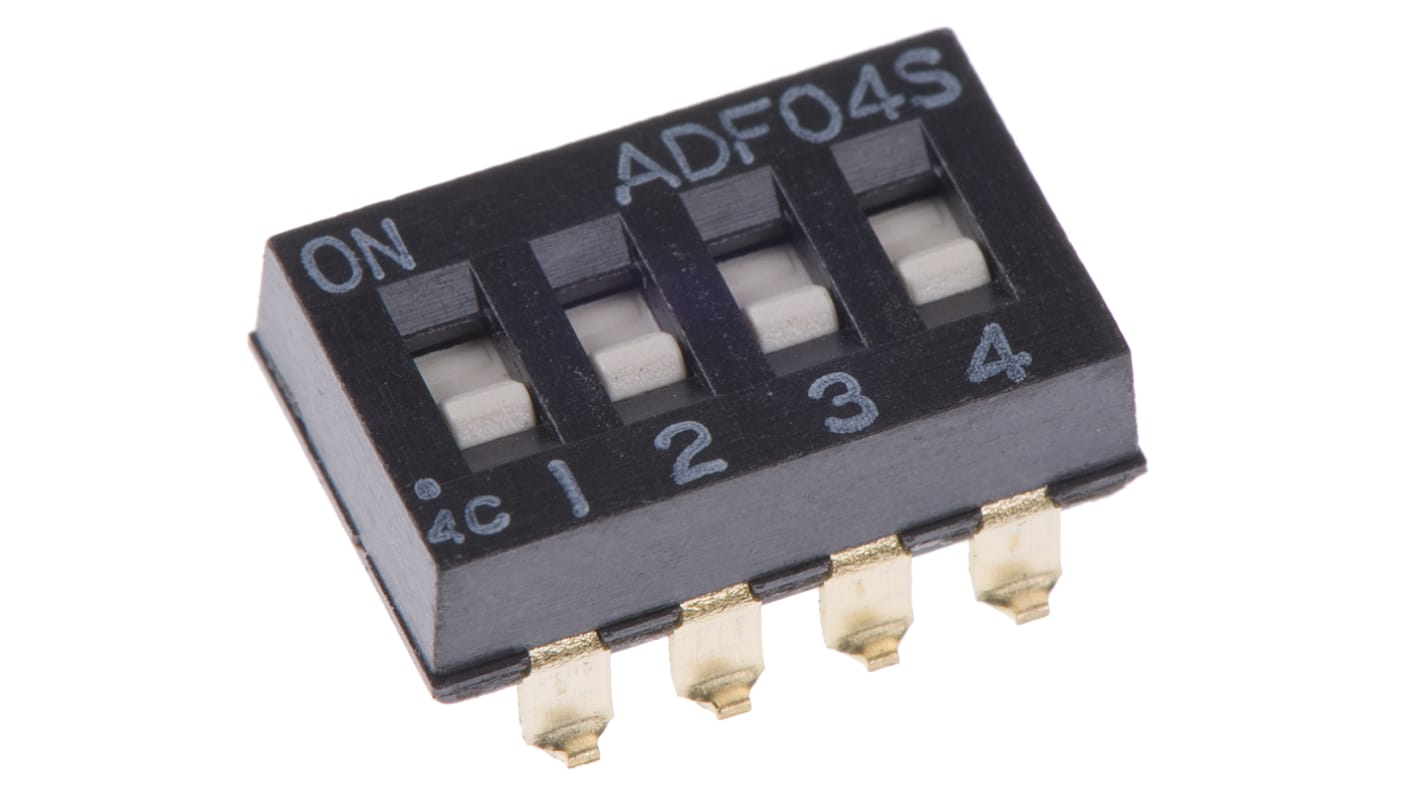 Interruptor DIP, 4PST, Montaje superficial, Actuador Deslizante, 100 mA a 24 V dc, 4 vías, -30 → +85°C