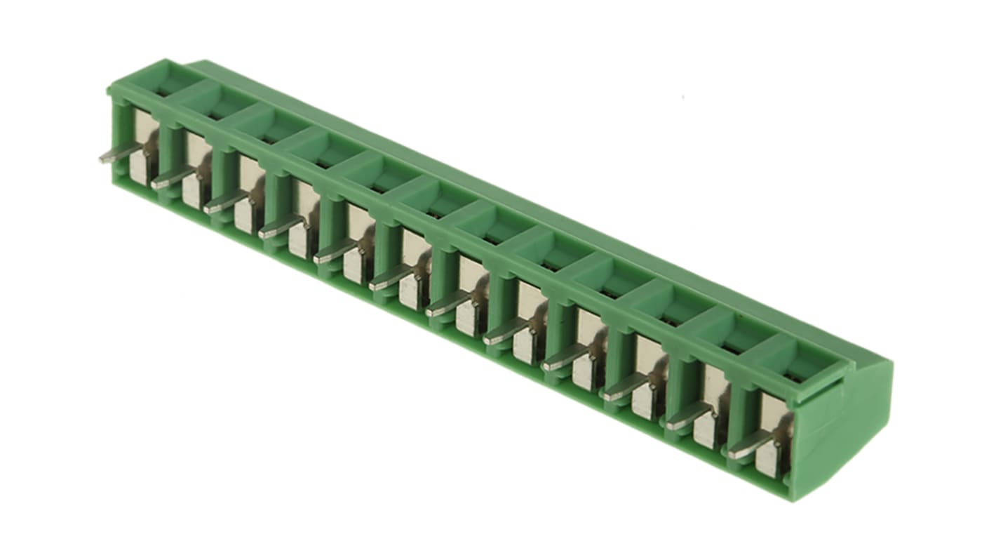 Borne para PCB Phoenix Contact de 12 vías , paso 5.08mm, 13.5A, de color Verde, montaje Montaje en orificio pasante,