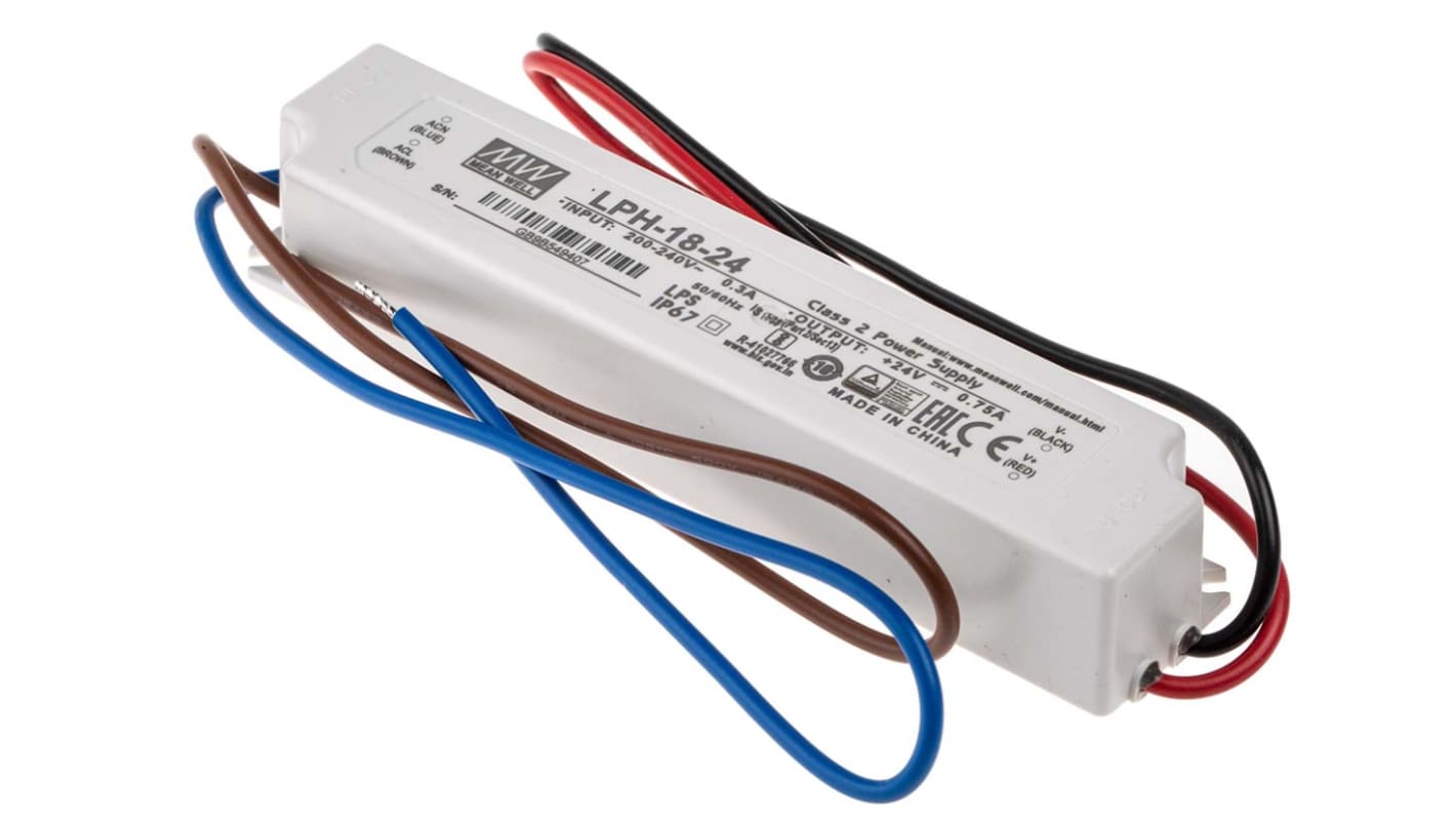 Driver LED tensión constante MEAN WELL de salidas, IN: 180 → 264 V ac, 254 → 370 V dc, OUT: 24V, 0