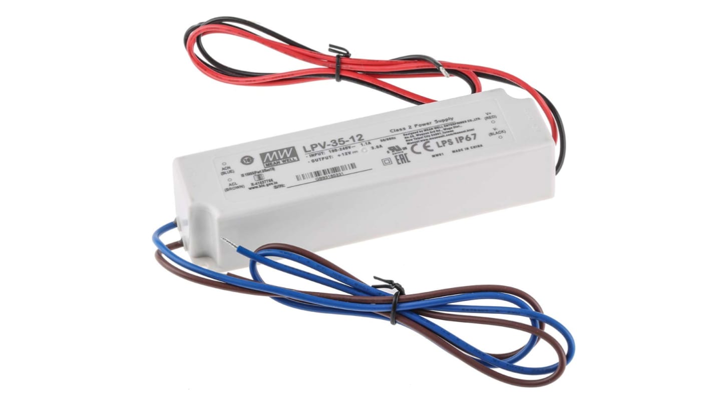MEAN WELL LED Driver, 12V Output, 36W Output, 3A Output, Constant Voltage