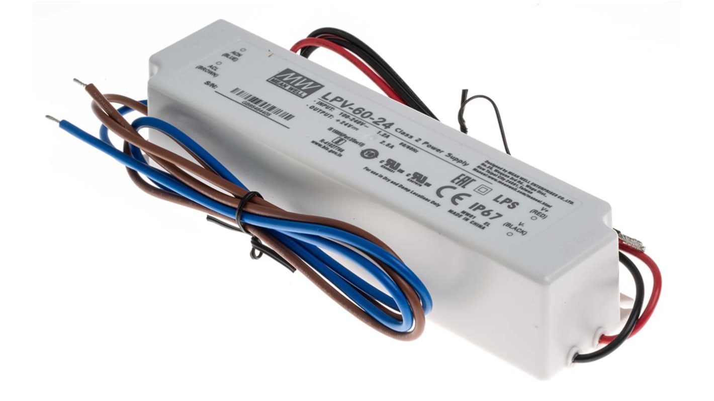 MEAN WELL LED meghajtó áramkör LPV-60-24, kimeneti fesz,: 24V, 2.5A, 60W IP67, állandó feszültség