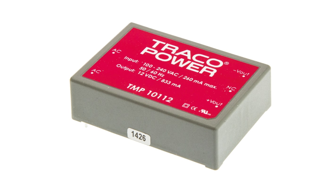 TRACOPOWER Embedded Switch Mode Power Supply SMPS, TMP 10112, 12V dc, 830mA, 10W, 1 Output, 120 → 370 V dc, 85