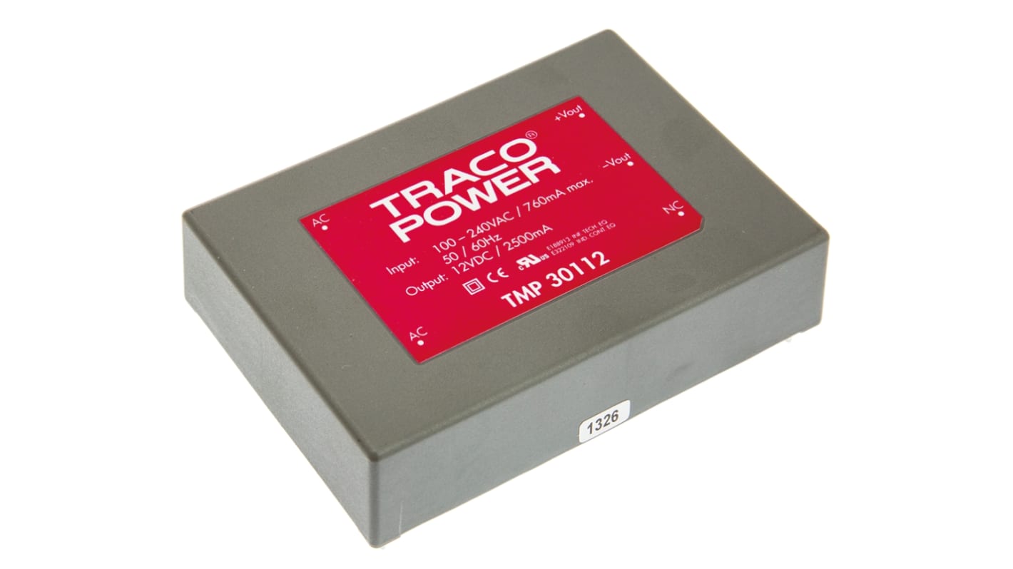 TRACOPOWER Switching Power Supply, TMP 30112, 12V dc, 2.5A, 30W, 1 Output, 120 → 370 V dc, 85 → 264 V ac