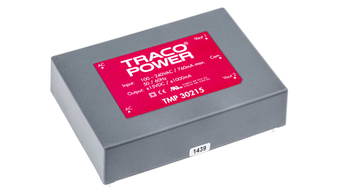 Alimentatore switching TRACOPOWER TMP 30215, 30W, ingresso 120 → 370 V dc, 85 → 264 V ac, uscita ±15V cc,