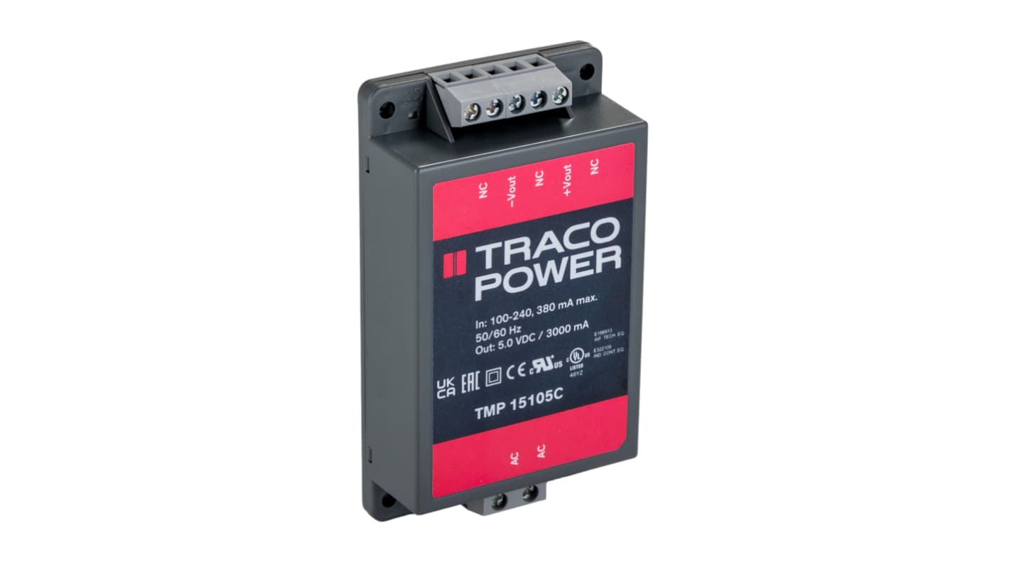 Alimentatore switching TRACOPOWER TMP 15105C, 15W, ingresso 120 → 370 V dc, 85 → 264 V ac, uscita 5V cc,