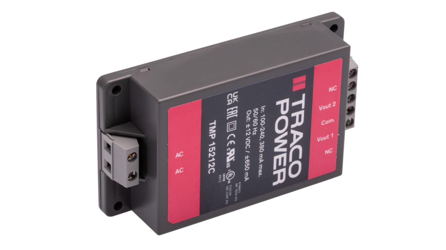 TRACOPOWER 15W开关电源, ±12V 直流, 650mA, 2路输出, 底盘安装, TMP系列