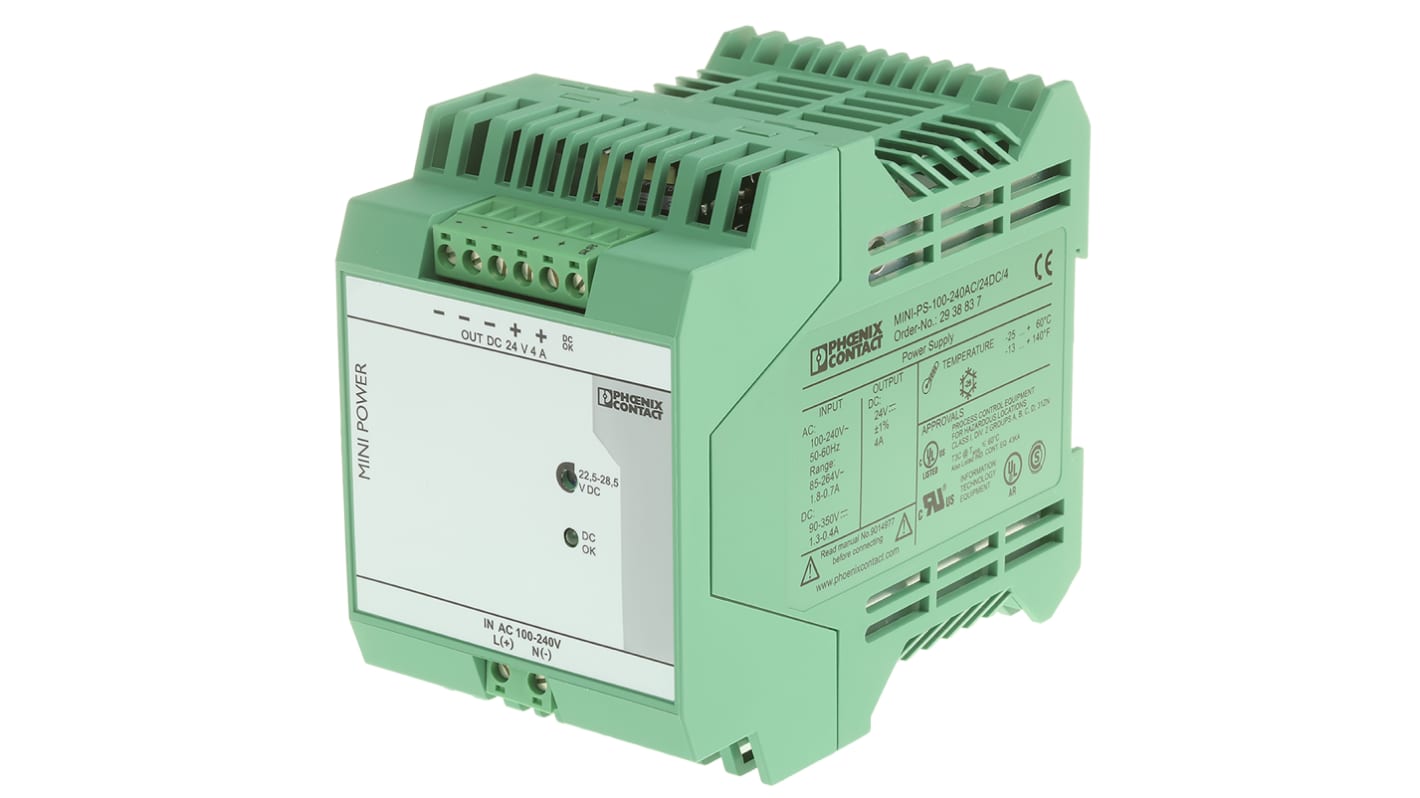 Phoenix Contact MINI-PS-100-240AC/24DC/4 Switch Mode DIN Rail Power Supply, 85 → 264V ac ac Input, 24V dc dc