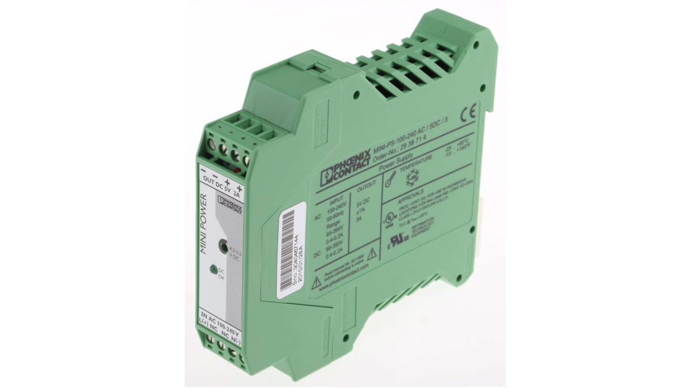 Phoenix Contact MINI POWER Switch Mode DIN Rail Power Supply, 85 → 264V ac ac Input, 5V dc dc Output, 3A Output,