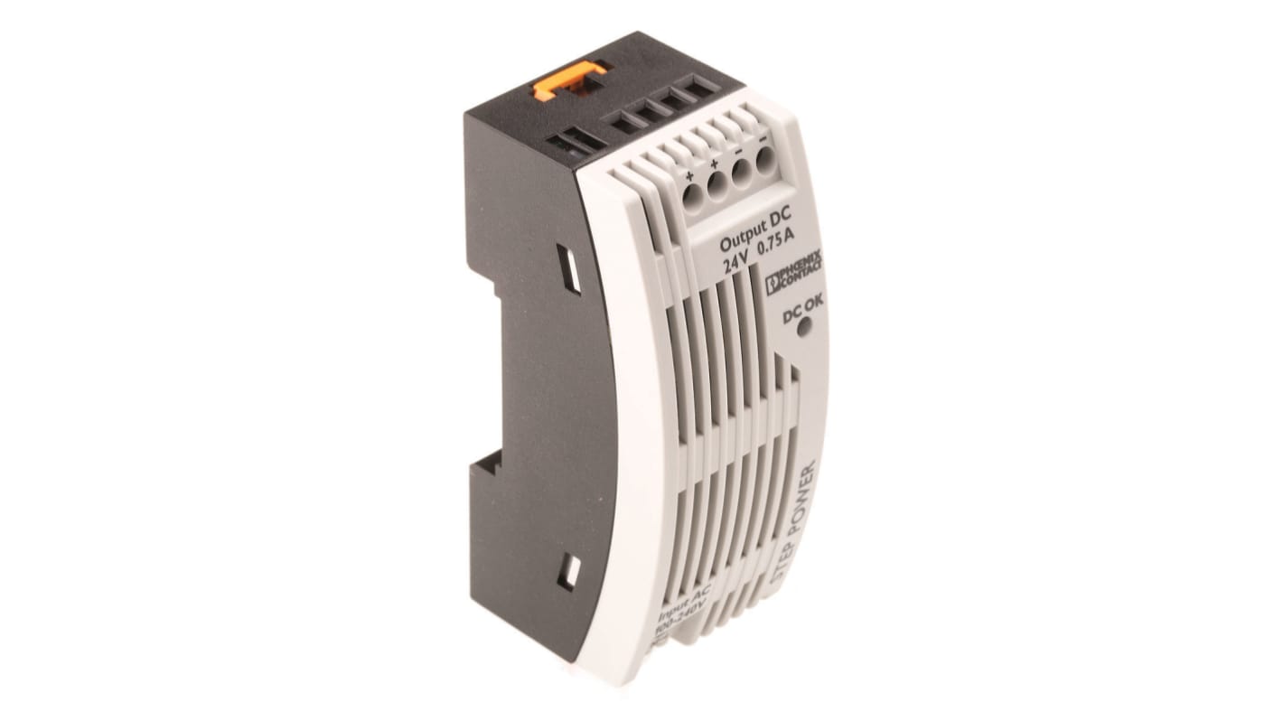 Phoenix Contact STEP-PS/1AC/24DC/0.75/FL Switch Mode DIN Rail Power Supply, 85 → 264V ac ac Input, 24V dc dc