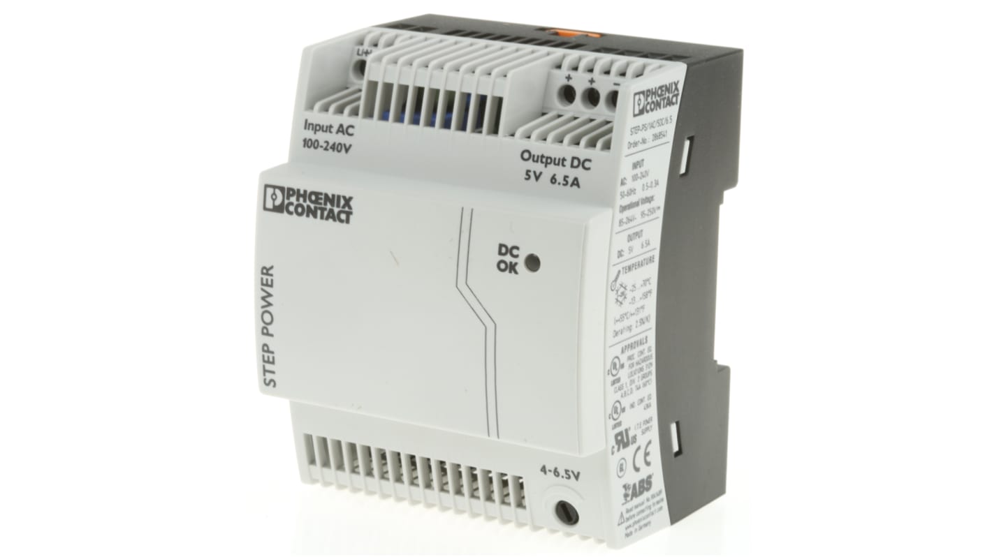 Phoenix Contact STEP POWER Switched Mode DIN Rail Power Supply, 85 → 264V ac ac Input, 5V dc dc Output, 6.5A