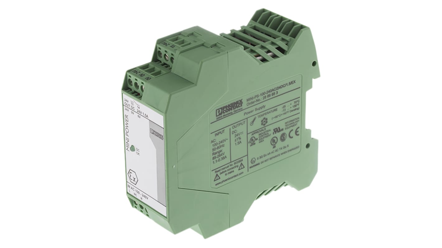 Phoenix Contact MINI-SYS-PS-100-240AC/24DC/1.5/EX Switch Mode DIN Rail Power Supply, 85 → 264V ac ac Input, 24V