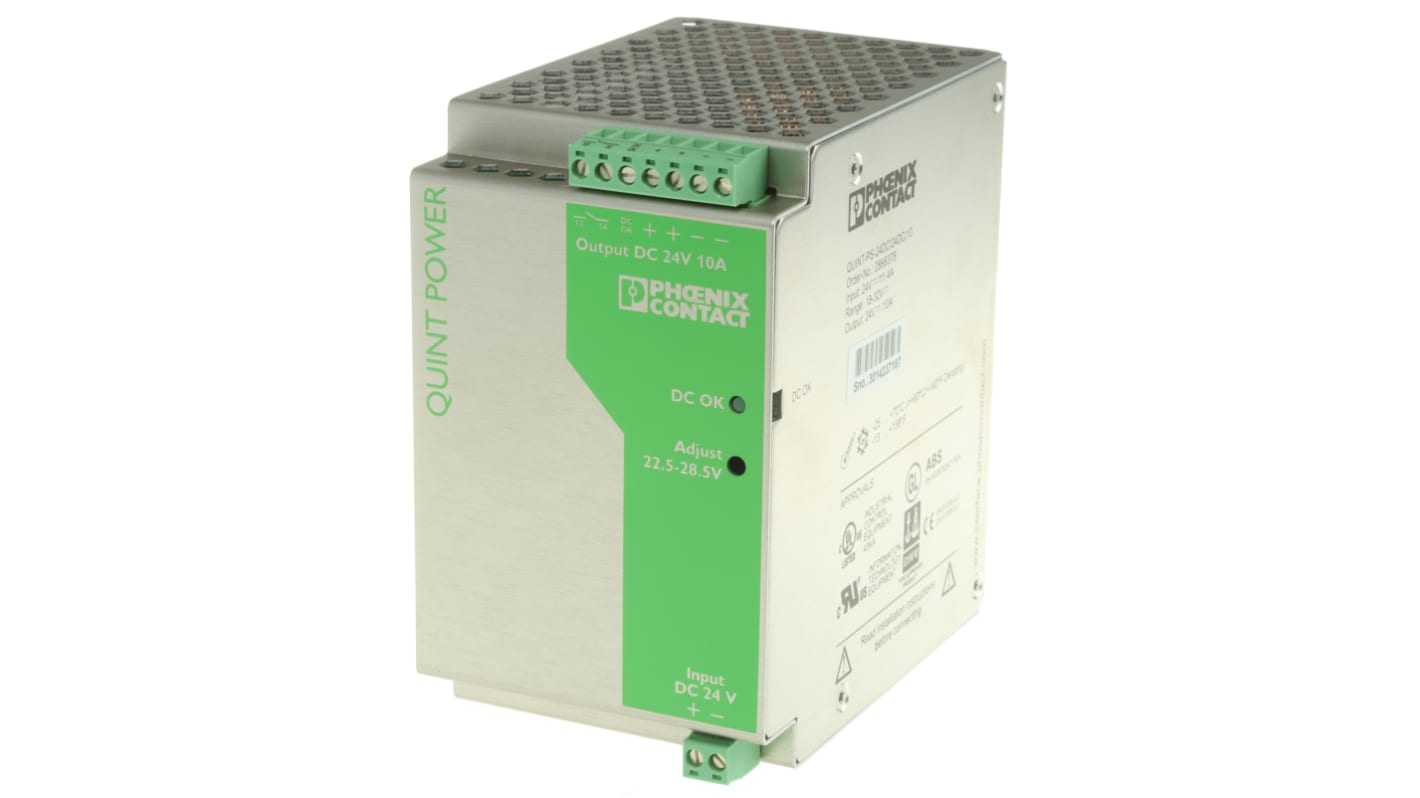 Phoenix Contact QUINT DC-DC Converter, 24V dc/ 10A Output, 18 → 32 V dc Input, 240W, DIN Rail Mount, +70°C Max