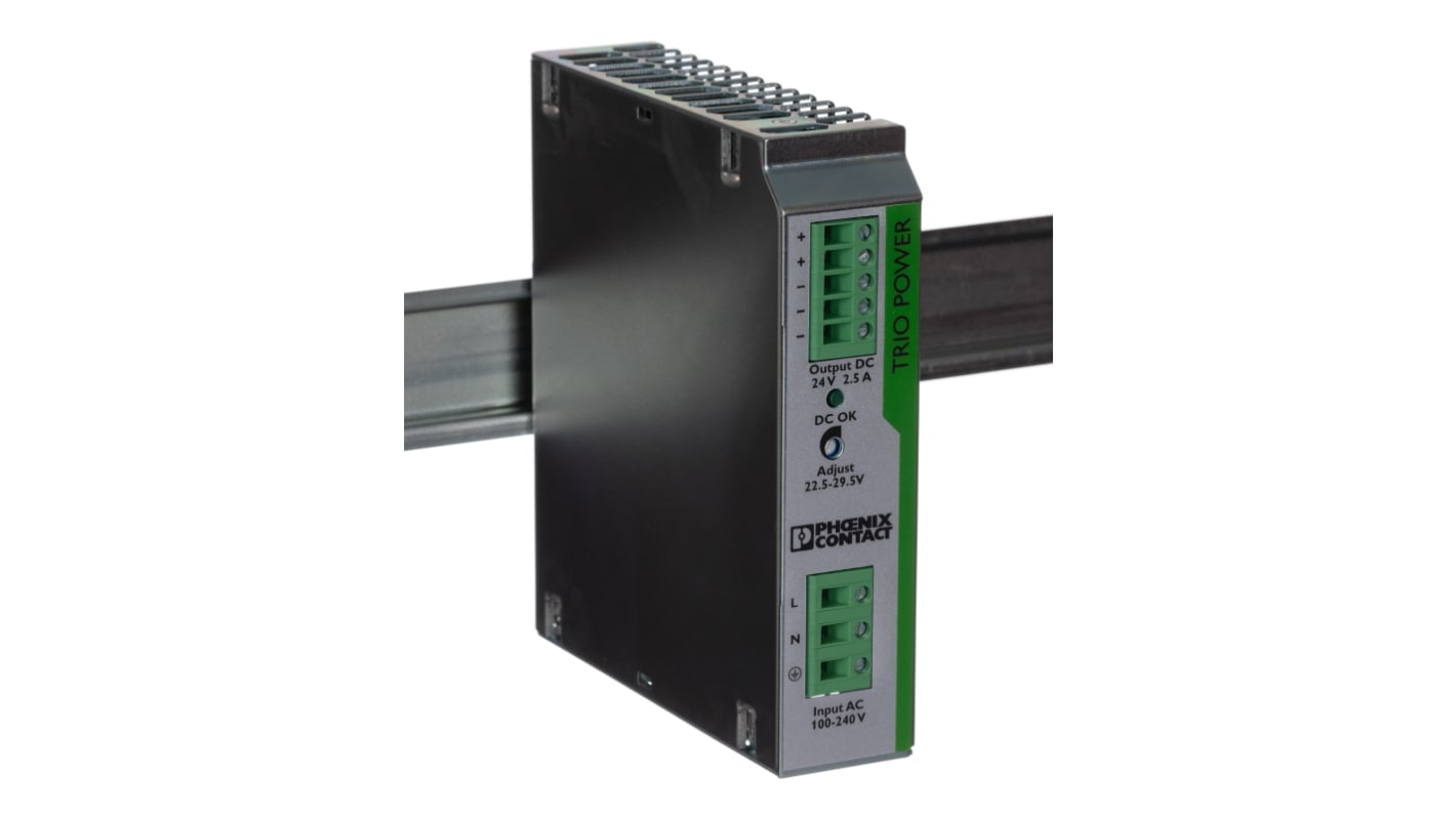 Alimentatore a montaggio su guida DIN Phoenix Contact, 24V cc, 2.5A, 85 → 264V ca, 60W