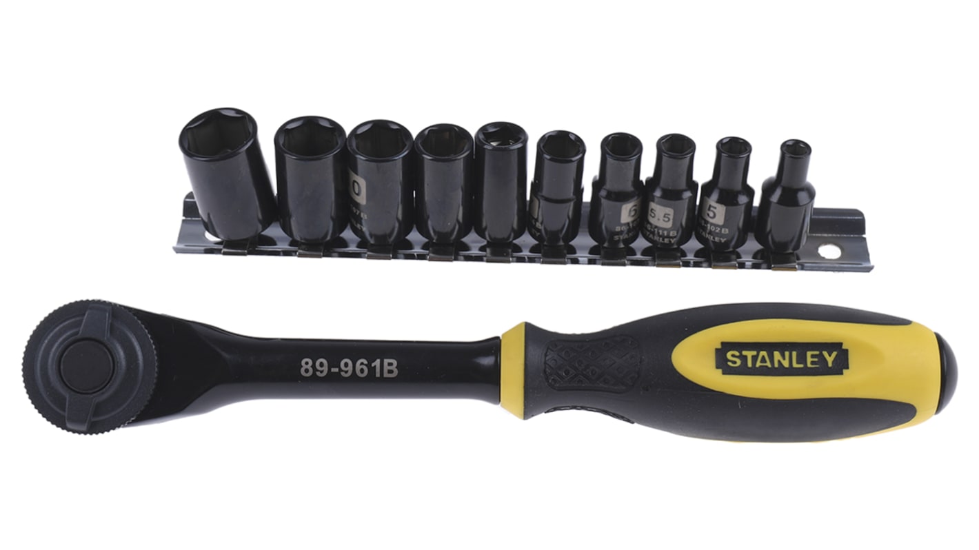 Stanley 11-Piece Metric 1/4 in Standard Socket Set with Ratchet, 6 point