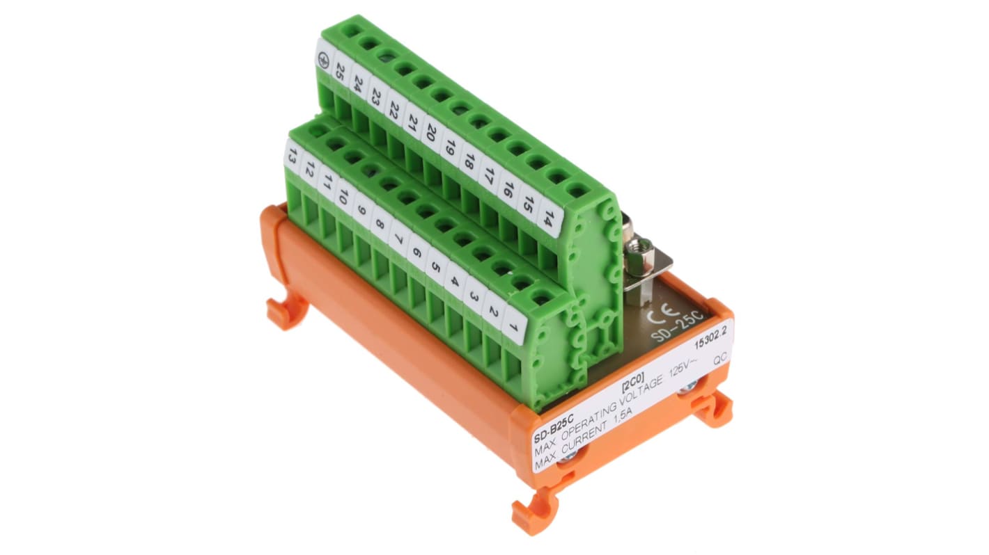RS PRO D-Sub接口模块, 母座, 25p, DIN导轨安装, 22 → 14 AWG, 1.5A, 125 V 交流/直流