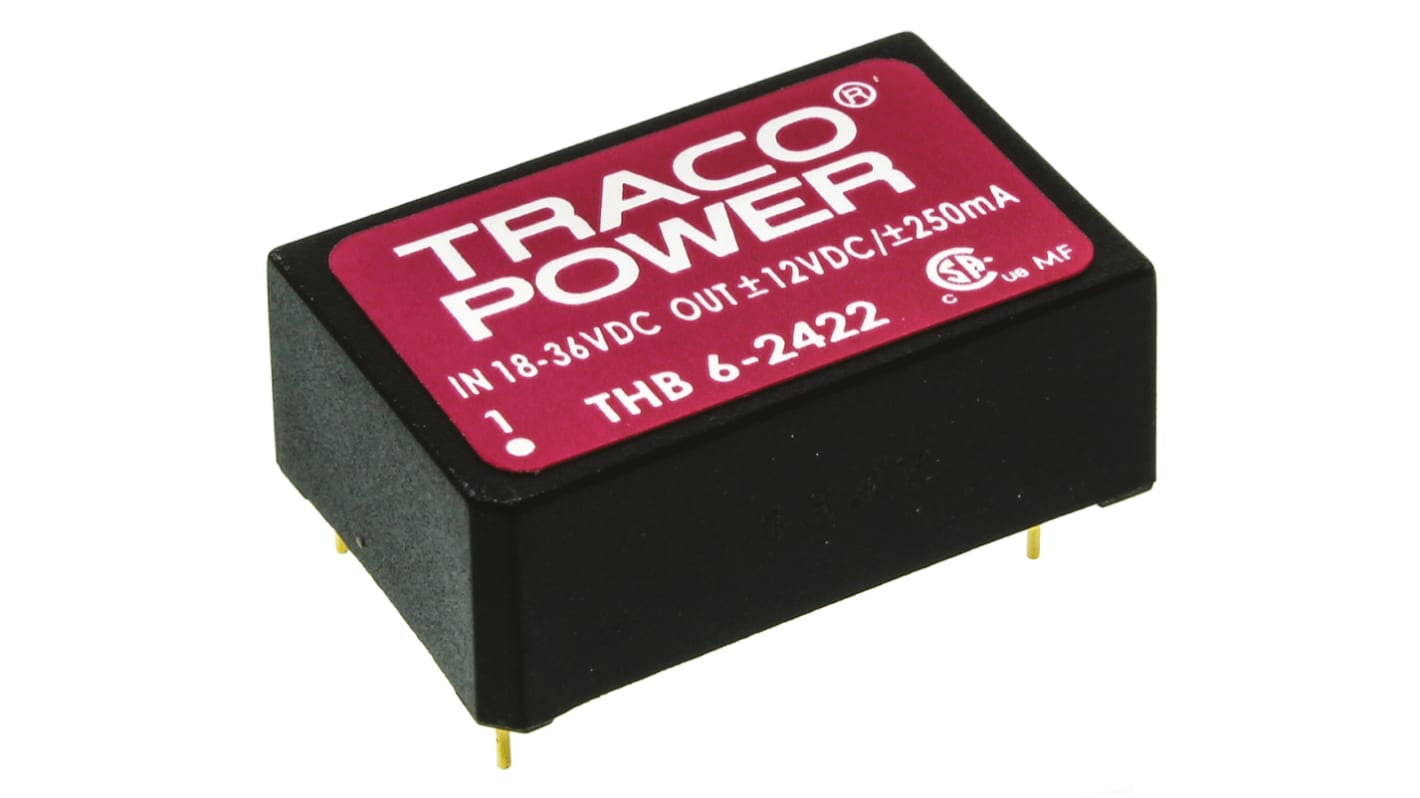 TRACOPOWER THB 6 DC-DC Converter, ±12V dc/ ±250mA Output, 18 → 36 V dc Input, 6W, Through Hole, +71°C Max Temp