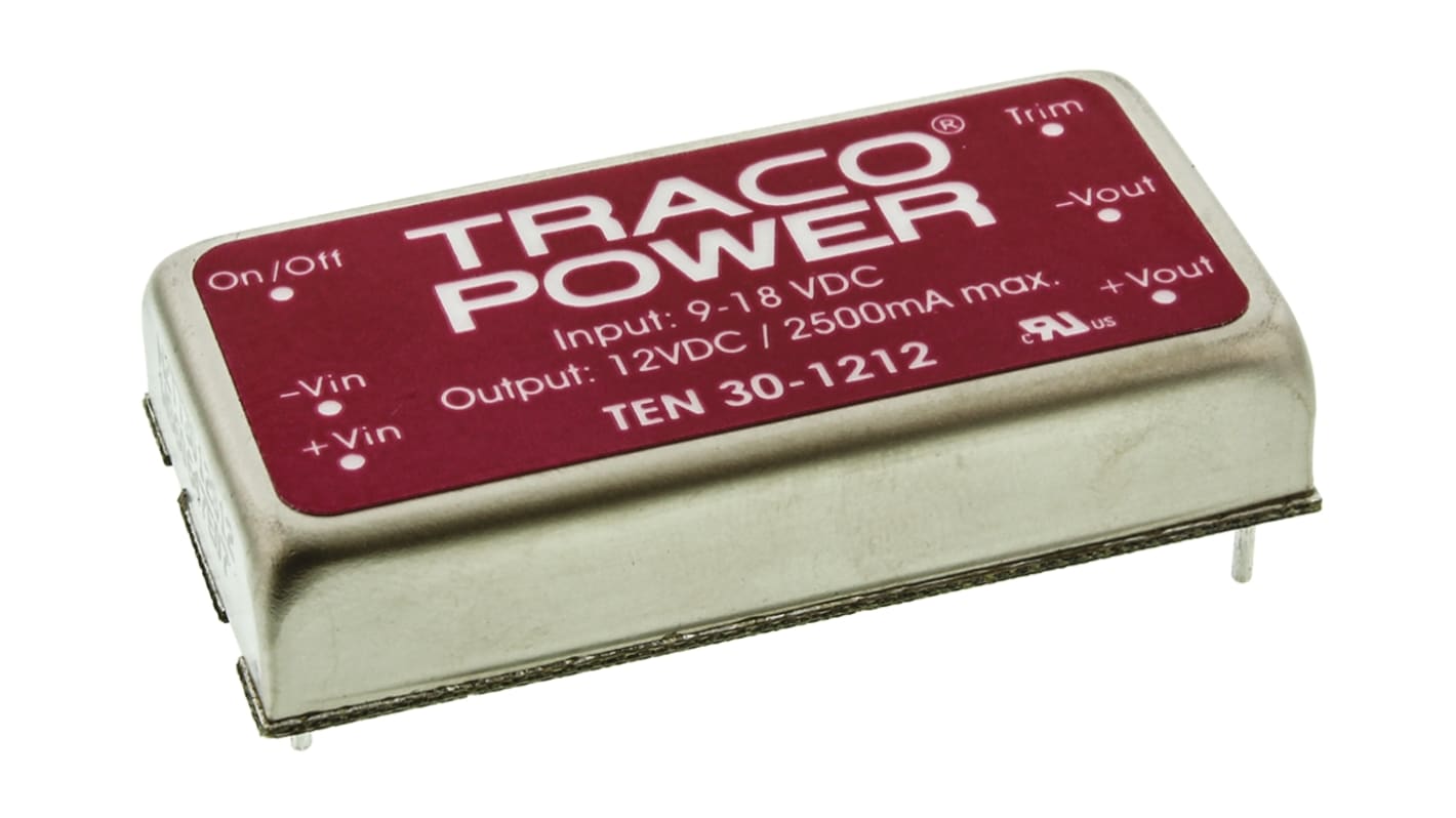 TRACOPOWER TEN 30 Isolated DC-DC Converter, 12V dc/ 2.5A Output, 9 → 18 V dc Input, 30W, Through Hole, +85°C Max