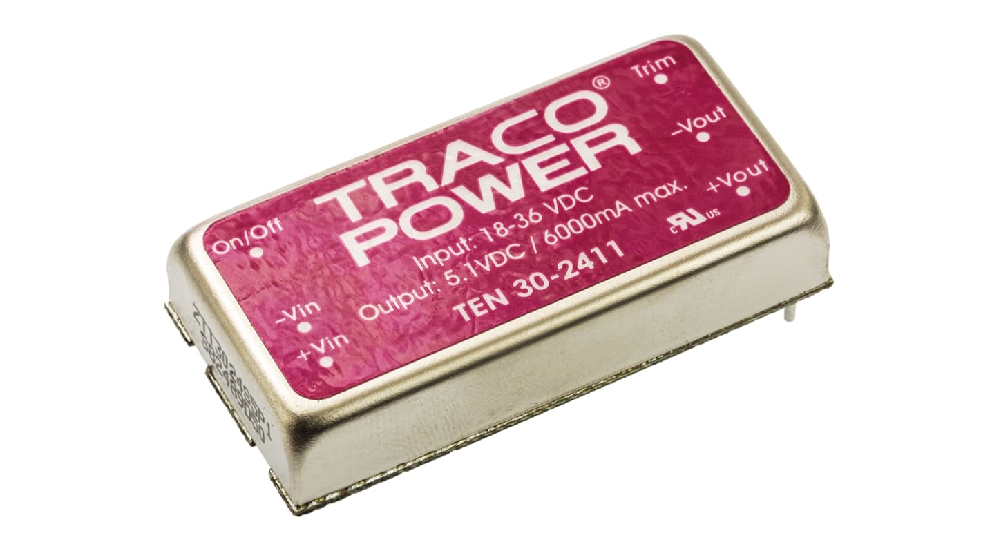 TRACOPOWER TEN 30 DC-DC Converter, 5V dc/ 6A Output, 18 → 36 V dc Input, 30W, Through Hole, +85°C Max Temp -40°C