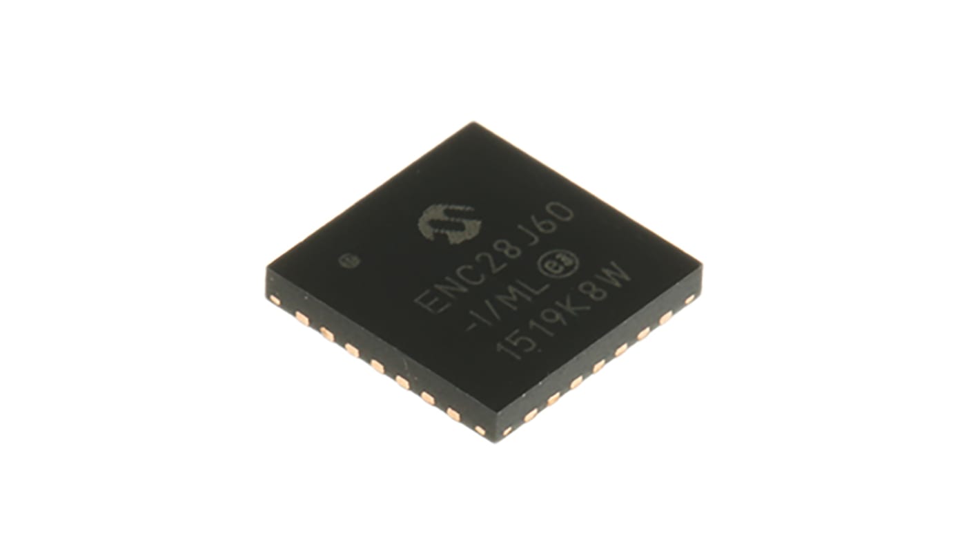 Microchip ENC28J60-I/ML, Ethernet Controller, 10Mbps MII, MIIM, Serial-SPI, 3.3 V, 28-Pin QFN