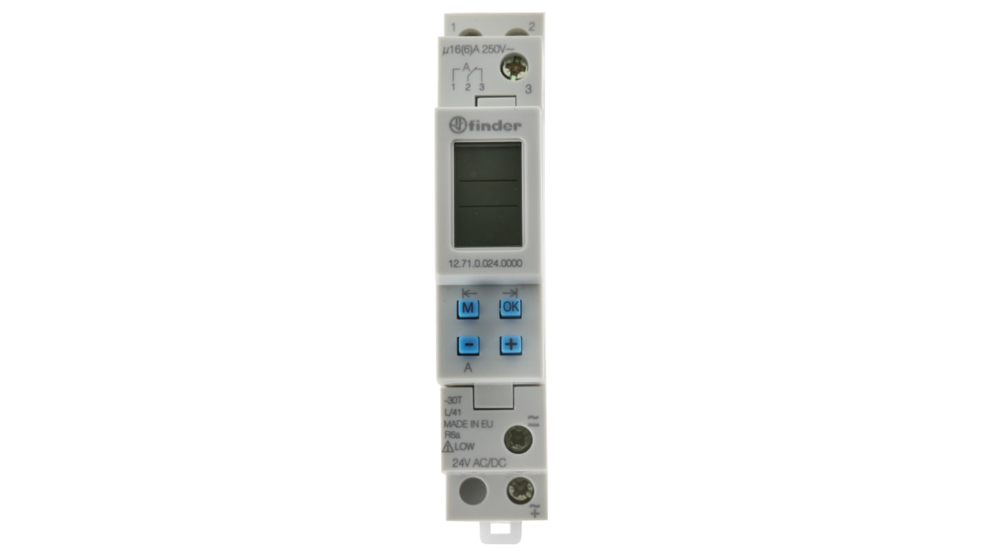 Finder 数字定时开关, 单通道, 24 V（交流/直流）电源, 单刀双掷, 可设分钟