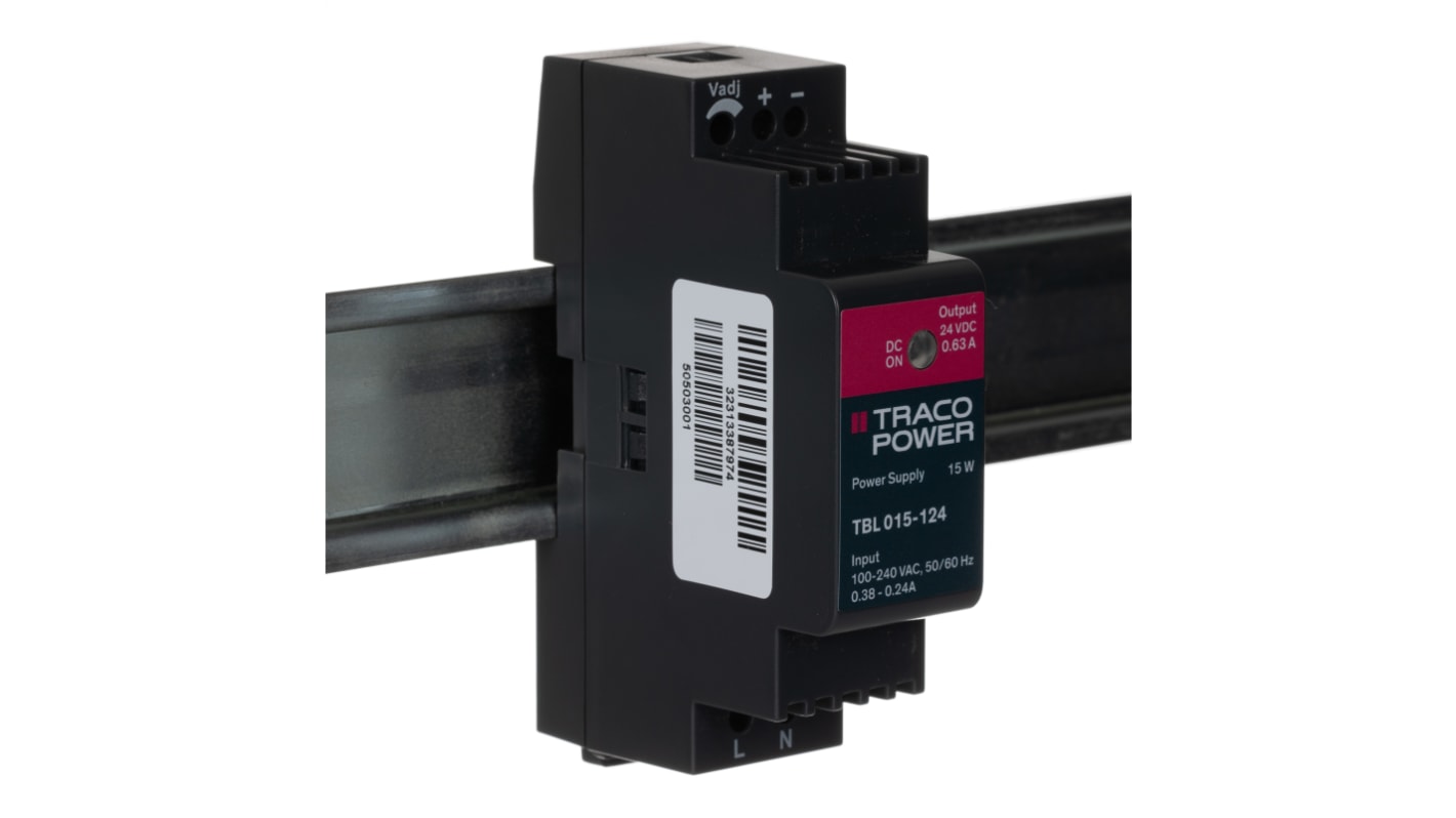TRACOPOWER TBL Switched Mode DIN Rail Power Supply, 85 → 264V ac ac Input, 24V dc dc Output, 630mA Output, 15W