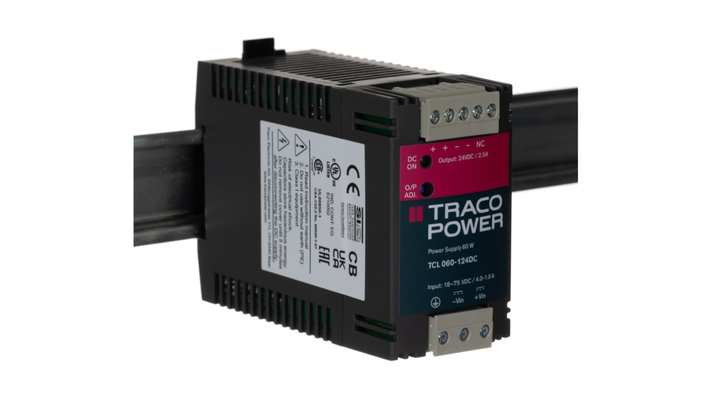 TRACOPOWER TCL-DC Switched Mode DIN Rail Power Supply, 18 → 75V dc dc Input, 24V dc dc Output, 2.5A Output, 60W